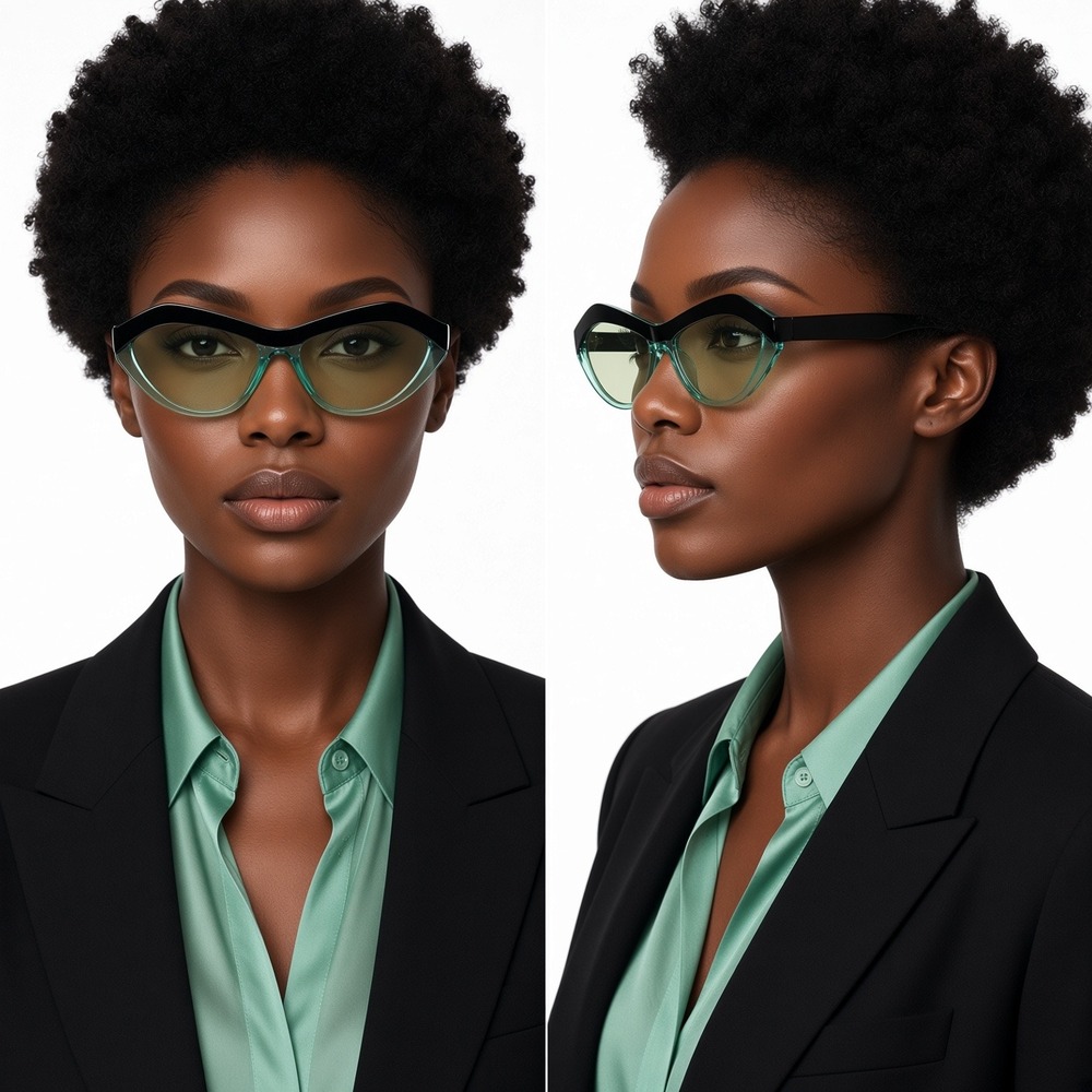 Women Geometric Cat Eye Sunglasses Black Teal Two Tone Green Tint Lens UV400 New